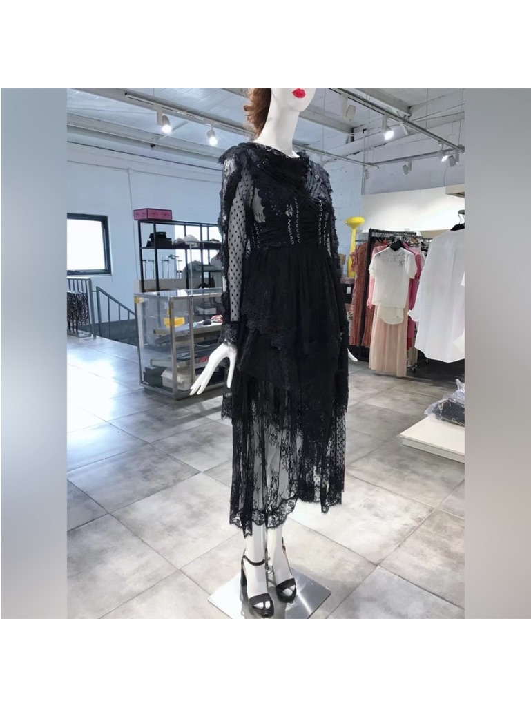 Ic Collection Black Lace Tiered Midi Dress With Sheer Sleeves